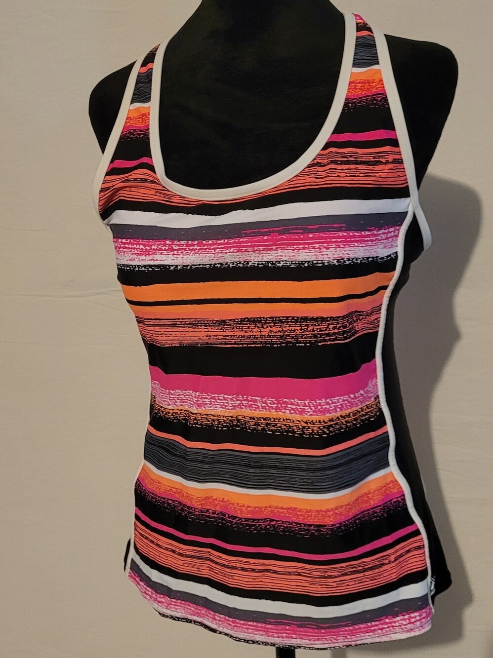 Striped Racerback Tankini Top - Pink, Black & Orange,  M